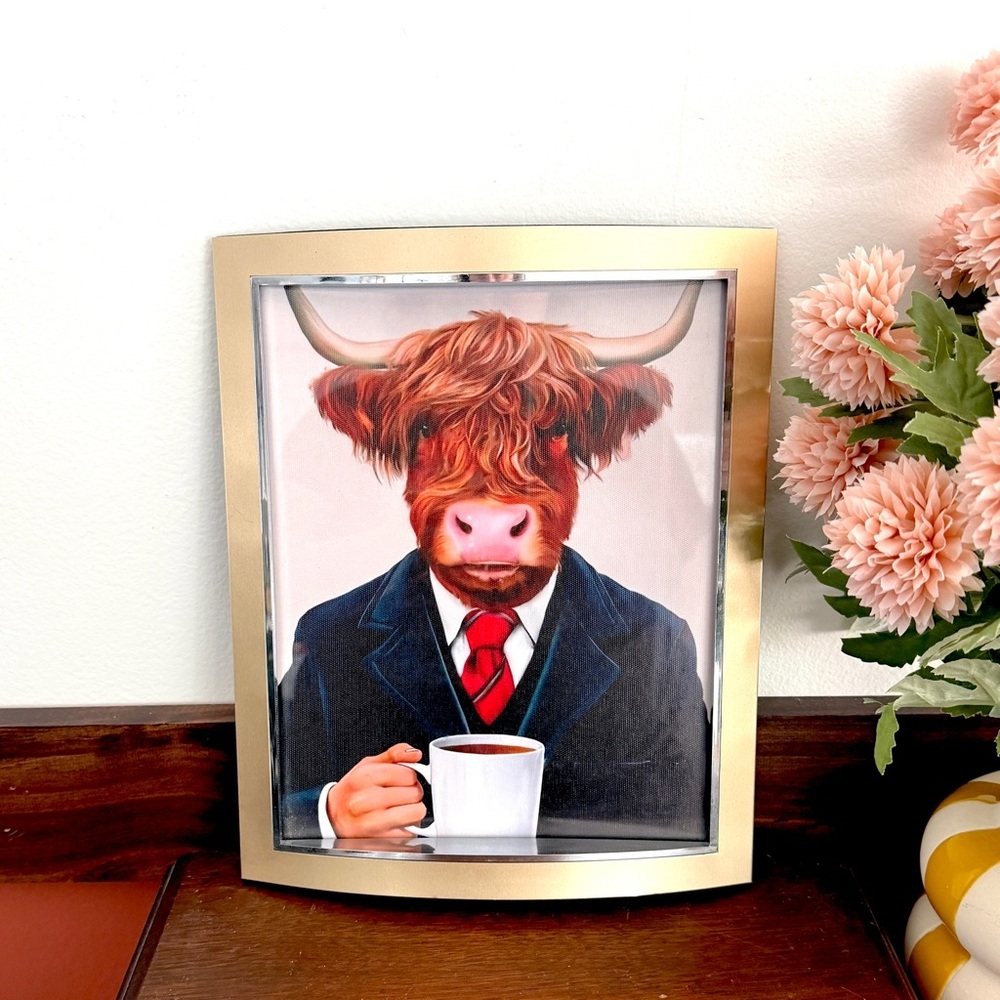 Office Highland Cow in Suit with Coffee Quirky Canvas Art Print Gold Framed Art